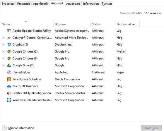 Windows 10. I Autostart visas alla program som startar automatiskt tillsammans med datorn.
