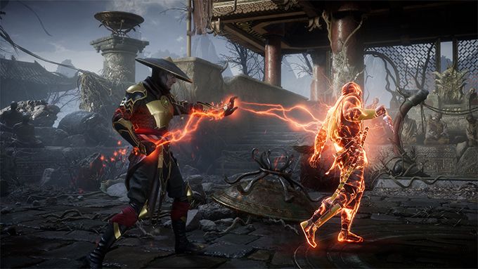 Mortal Kombat Raiden striking Scorpion
