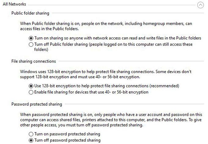 Slå på delning av offentliga mappar och lösenordsskyddad delning. Om Fjärrskrivbord fortfarande inte fungerar, men bara då, slå av 128-bitars kryptering.