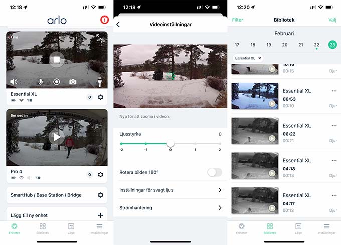 Skärmdumpar från Arlos app. Visar inställningar för Essential XL-kameran på svenska.