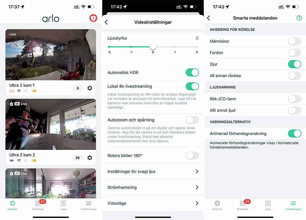 Skärmdumpar från Arlos app. Visar inställningar fö Ultra 2-kameran på svenska.