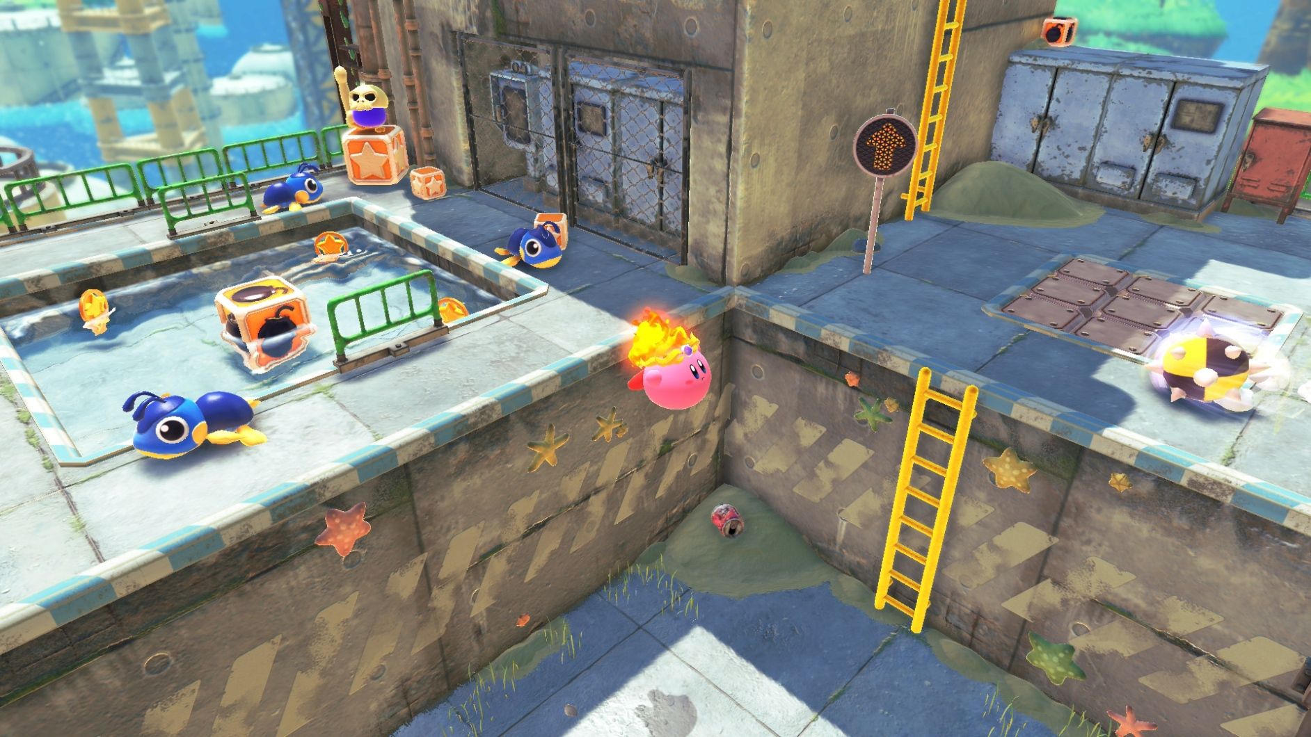 Kirby hoppar på en byggarbetsplts
