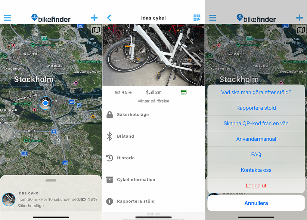 Skärmdumpar från Bikefinder-appen.