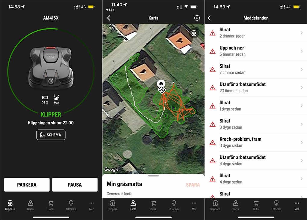 Skärmdumpar från Husqvarnas Automower-app.