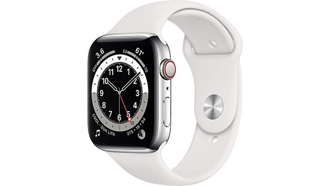 Apple Watch Series 6 i rostfritt stål med vitt sportarmband