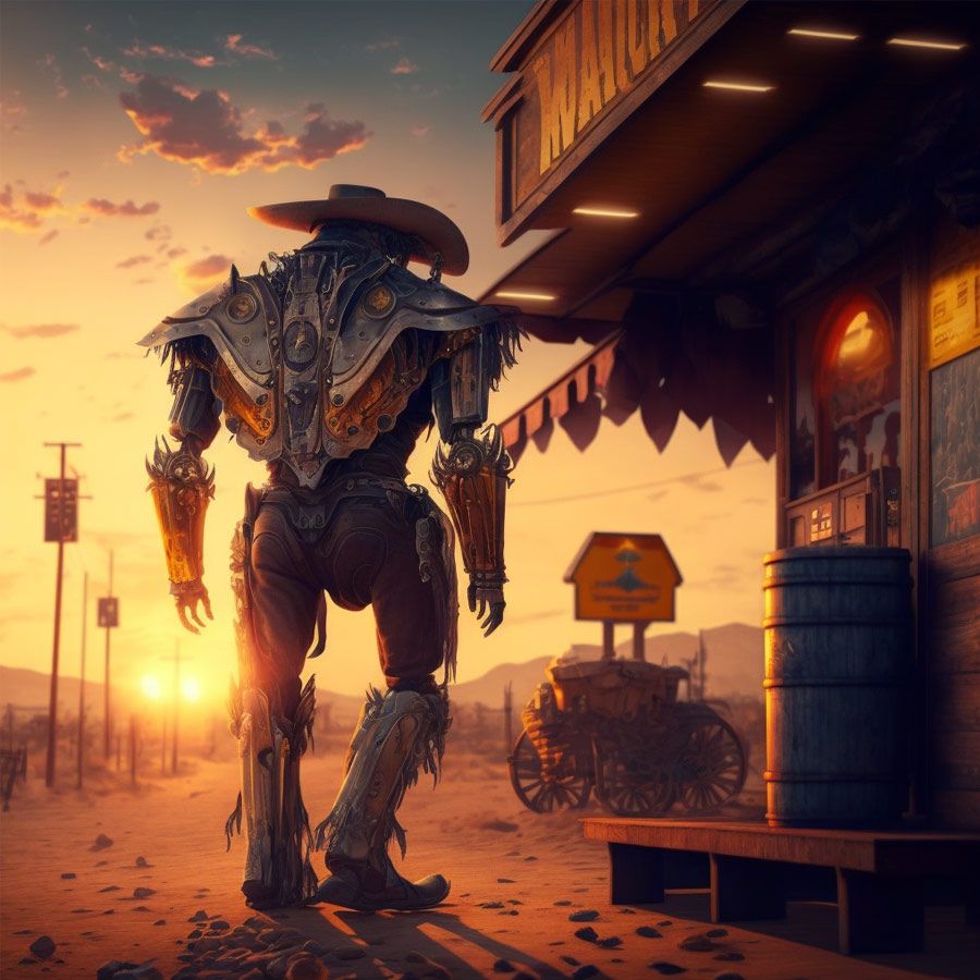 Robot cowboy entering bar in the wild west,cinematic,sunset