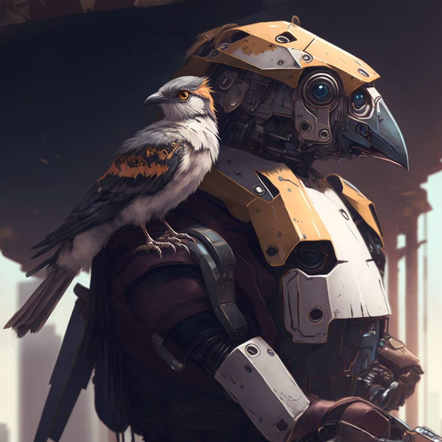 house sparrow sitting on the shoulder of a gigantic robot,futuristic, cinematic