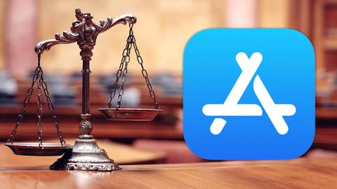 App Store-logga och vågskålar i domstol