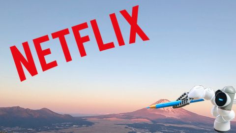 Montage med Netflix-logga med Mt Fuji som bakgrund, en robot hållandes penna i förgrunden.
