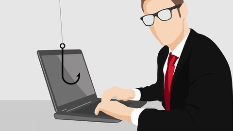 Illustration: Man i kostym sitter vid laptop, fiskekrok dinglande framför