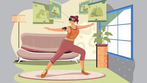 Person med VR-headset tränar i ett rum, tecknad bild
