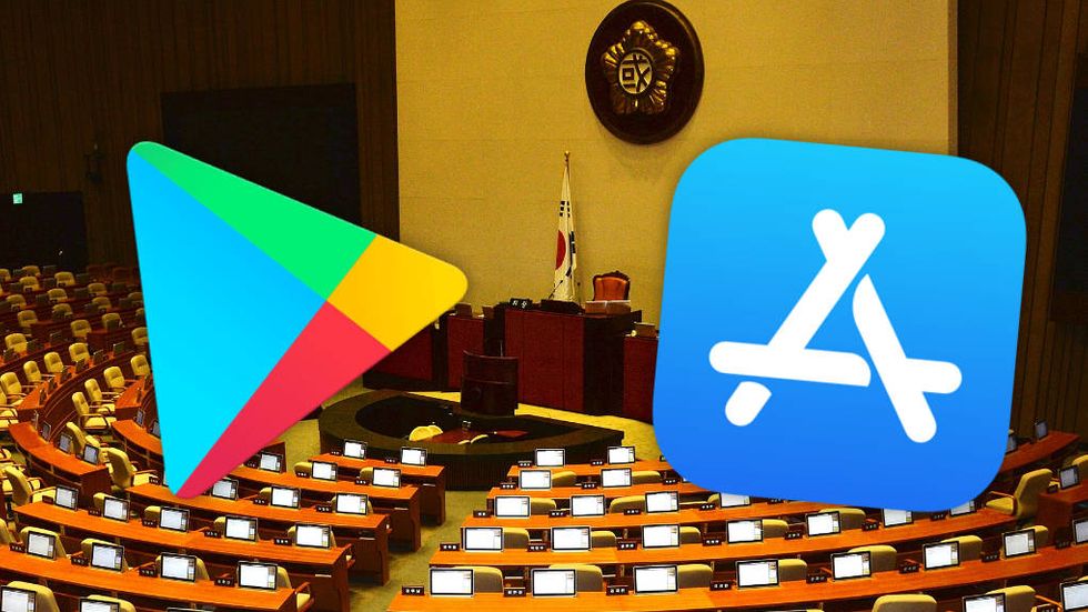 Koreas nationalförsamling och ikonerna för App Store och Play-butiken