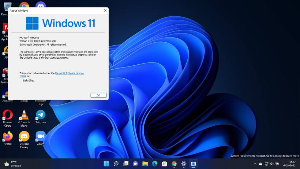 Windows 11 med varning om systemkrav